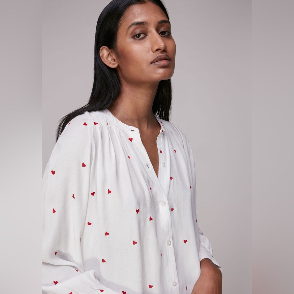 Whistles | Heart Embroidered Button Down Blouse | White/Red | 6